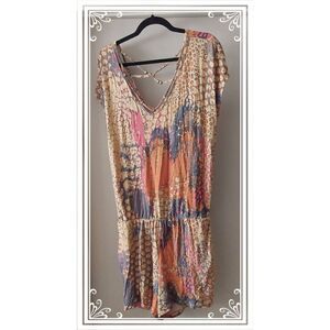 VENUS Coral~Gray & Tan Print Design Soft Knit Romper Sz Large